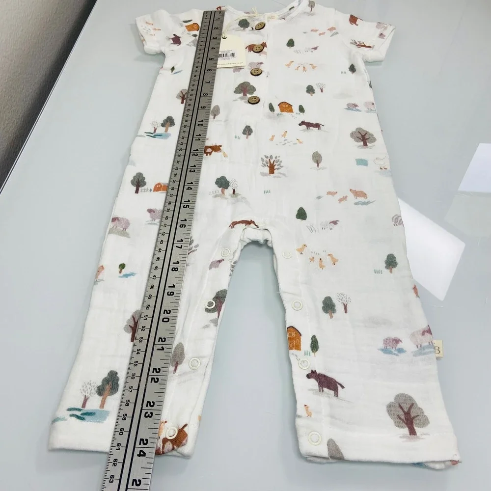 Elegant Baby‎ Kids 6-9M Cream Farm Animal Romper NEW Organic Cotton Muslin Barn
